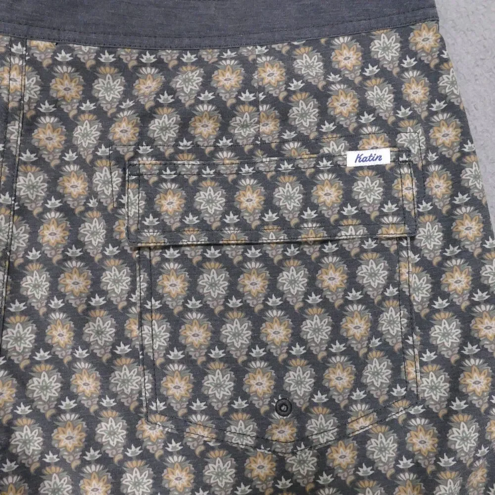 Katin Mens Board Shorts 38 Gray Floral Swim Trunks Drawstring